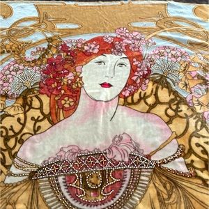 Light blue silk burnout velvet shawl. Celtic design. Beaded fringe edging. 48”